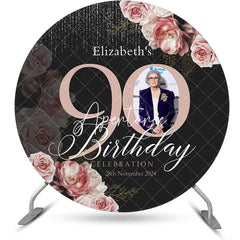 Aperturee - Black Pink Floral Round 90th Birthday Party Backdrop