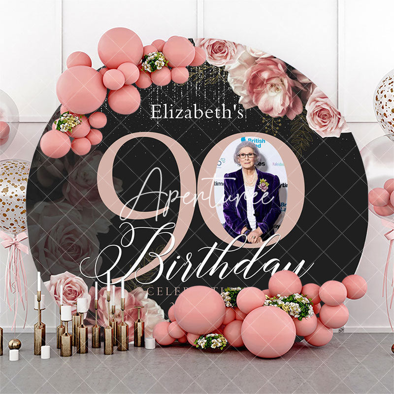 Aperturee - Black Pink Floral Round 90th Birthday Party Backdrop