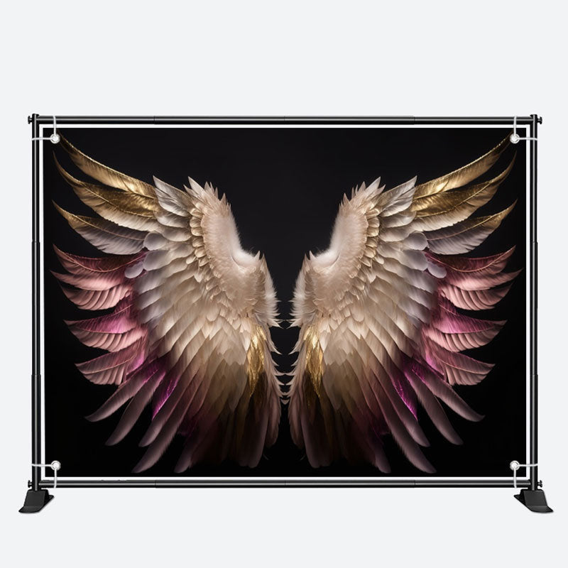 Aperturee - Black Pink Gold Feather Angel Wings Photo Backdrop