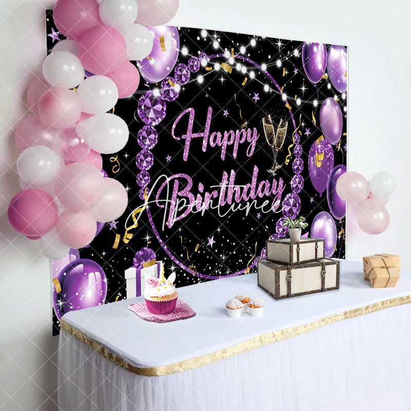 Aperturee - Black Purple Diamond Balloons Happy Birthday Backdrop