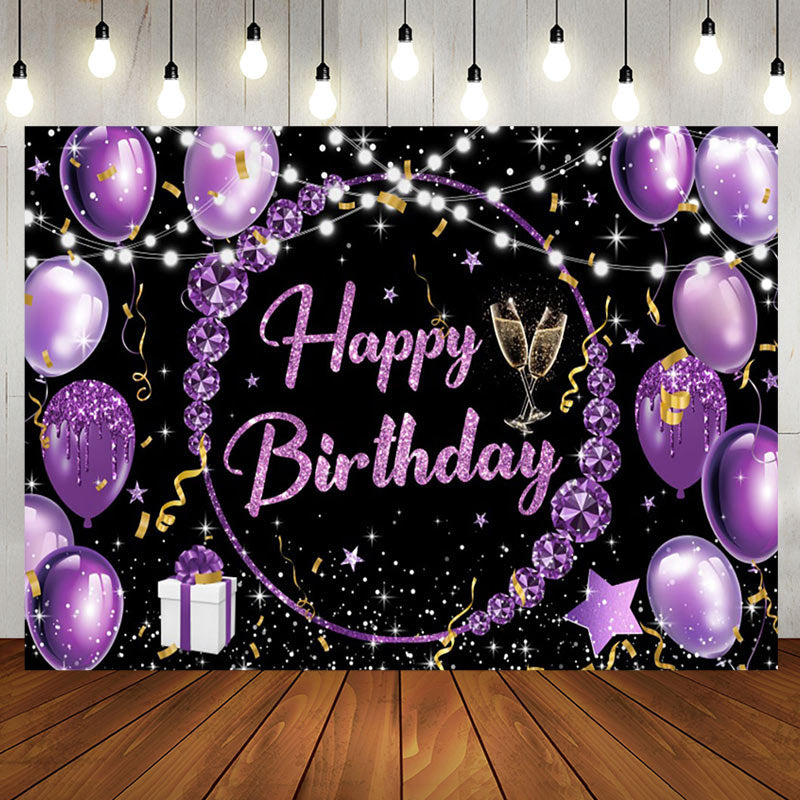 Aperturee - Black Purple Diamond Balloons Happy Birthday Backdrop