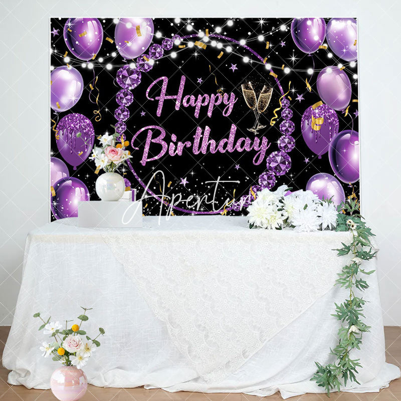 Aperturee - Black Purple Diamond Balloons Happy Birthday Backdrop