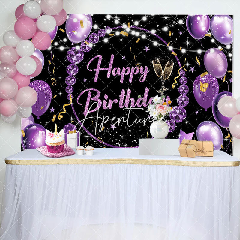 Aperturee - Black Purple Diamond Balloons Happy Birthday Backdrop