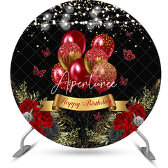 Aperturee - Black Red Floral Balloons Round Birthday Backdrop