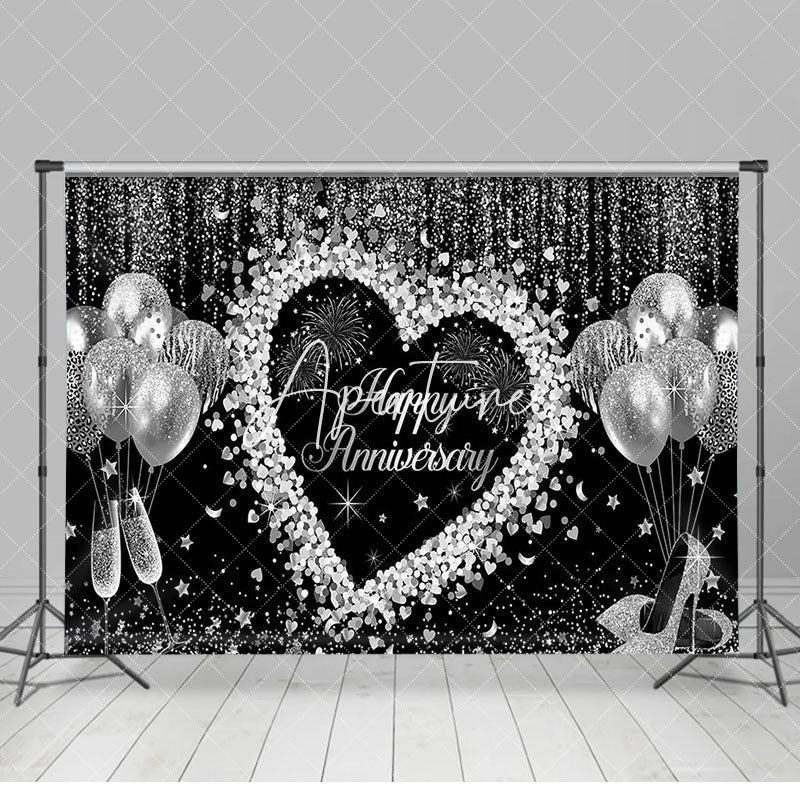 Aperturee - Black Silver Balloons Happy Anniversary Backdrop