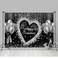 Aperturee - Black Silver Balloons Happy Anniversary Backdrop
