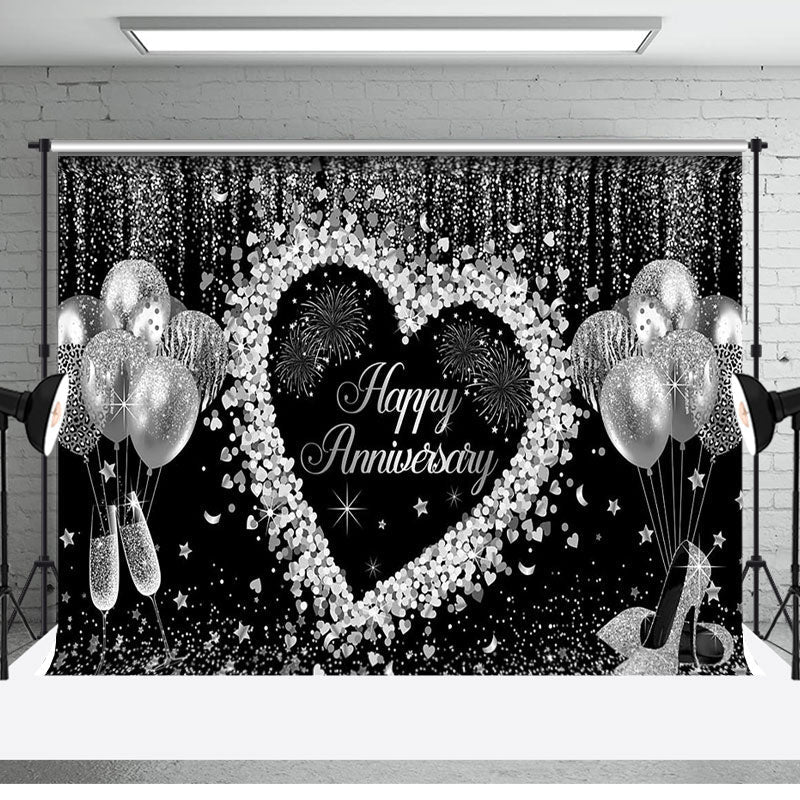 Aperturee - Black Silver Balloons Happy Anniversary Backdrop