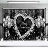Aperturee - Black Silver Balloons Happy Anniversary Backdrop