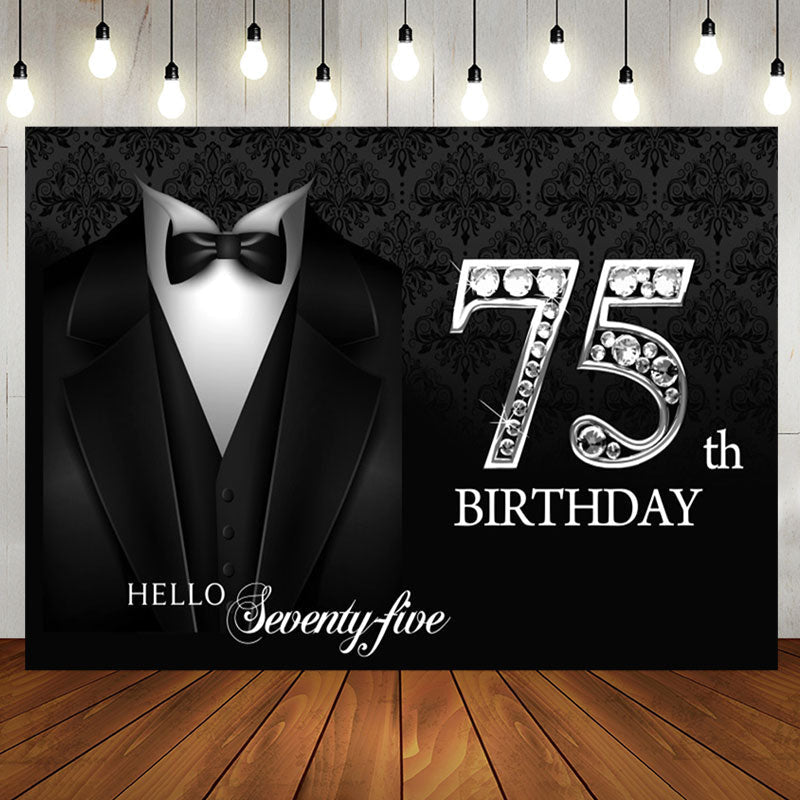 Aperturee - Black Suit Elegant Hello 75th Birthday Backdrop