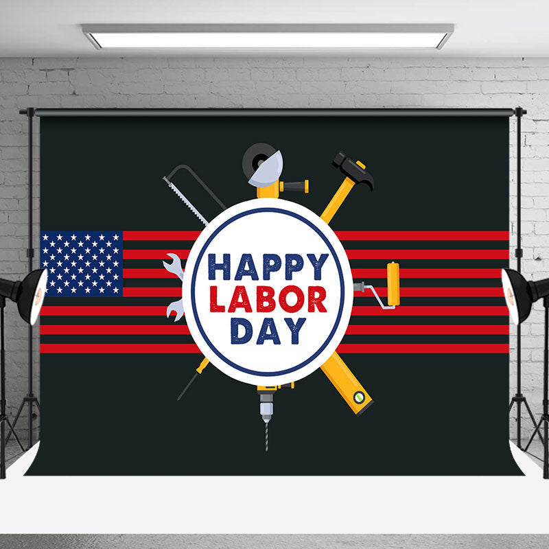 Aperturee - Black Usa Flag Repair Tools Happy Labor Day Backdrop
