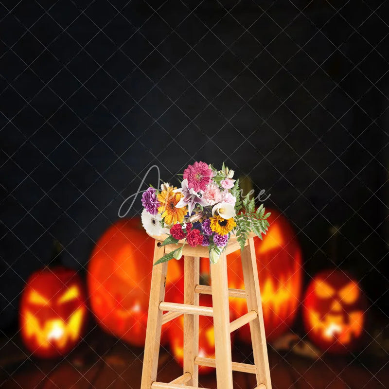 Aperturee - Black Wall Pumpkin Lantern Wooden Floor Backdrop