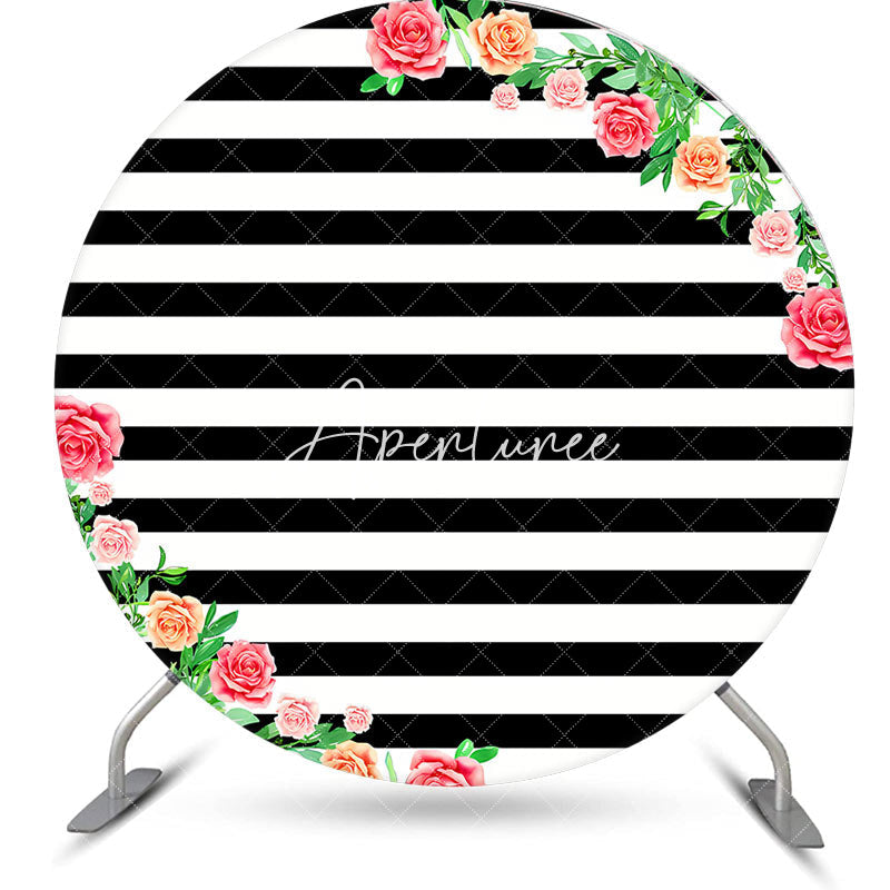 Aperturee - Black White Floral Stripe Birthday Round Backdrop