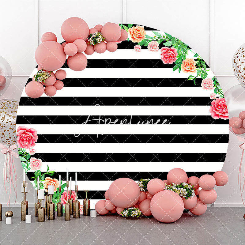 Aperturee - Black White Floral Stripe Birthday Round Backdrop
