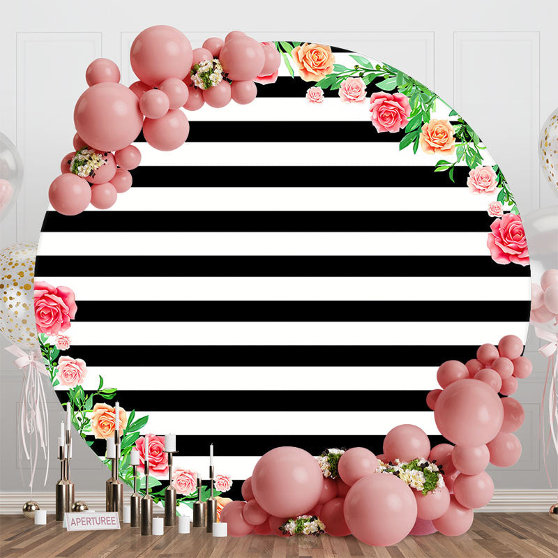Aperturee - Black White Floral Stripe Birthday Round Backdrop