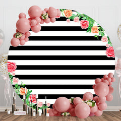 Aperturee - Black White Floral Stripe Birthday Round Backdrop