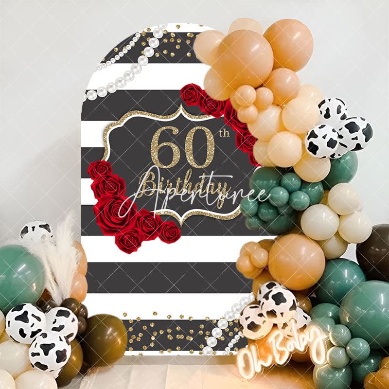 Aperturee - Black White Rose Stripe 60th Birthday Arch Backdrop