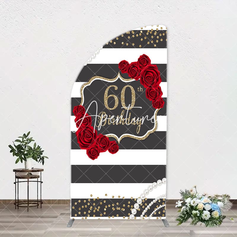 Aperturee - Black White Rose Stripe 60th Birthday Arch Backdrop