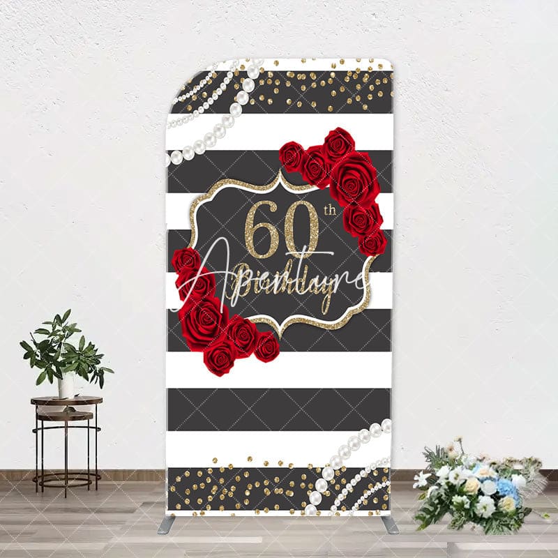 Aperturee - Black White Rose Stripe 60th Birthday Arch Backdrop