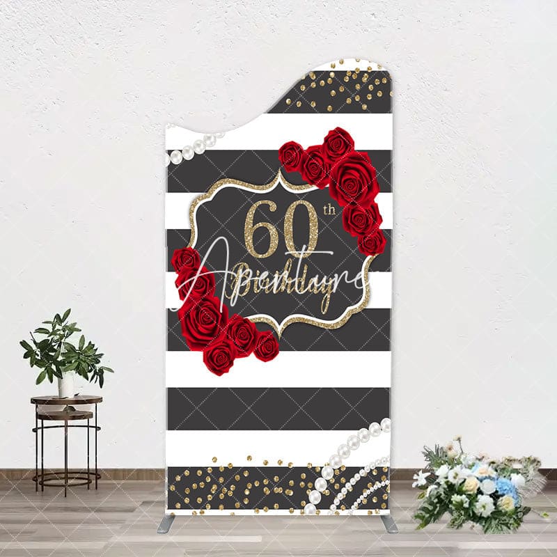 Aperturee - Black White Rose Stripe 60th Birthday Arch Backdrop