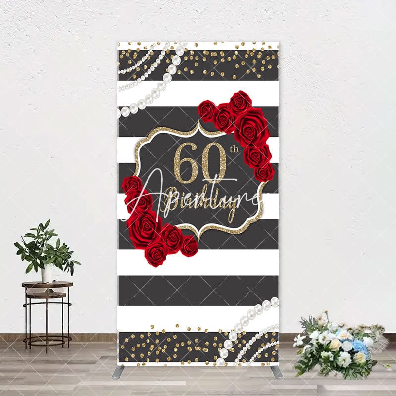 Aperturee - Black White Rose Stripe 60th Birthday Arch Backdrop