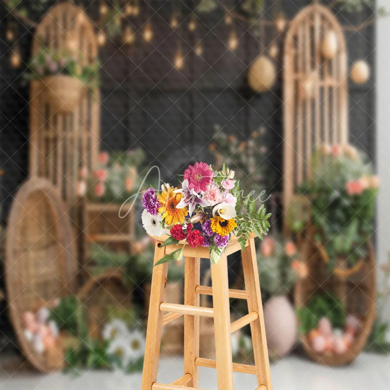 Aperturee - Black Wooden Door Arched Shelf Easter Egg Backdrop