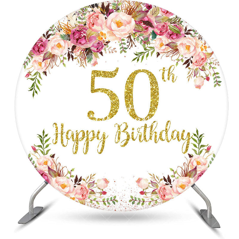 Aperturee - Blooming Flowers Women Round 50th Birthday Backdrop