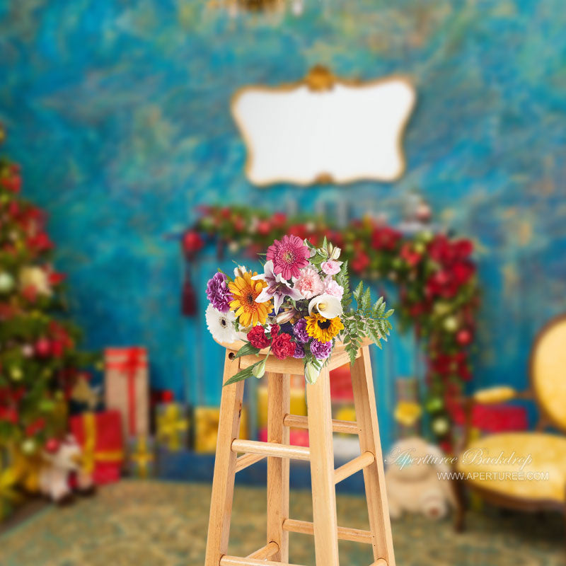 Aperturee - Blue Abstract Wall Gifts Tree Christmas Backdrop