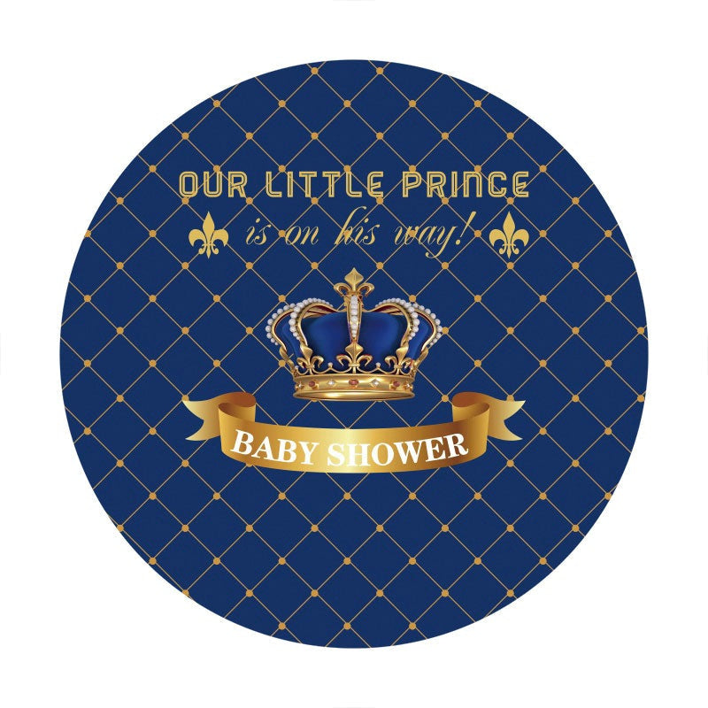 Aperturee - Blue And Gold Crown Round Baby Shower Backdrop