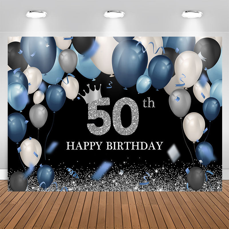 Aperturee - Blue Balloon 50th Birthday Glitter Black Backdrop