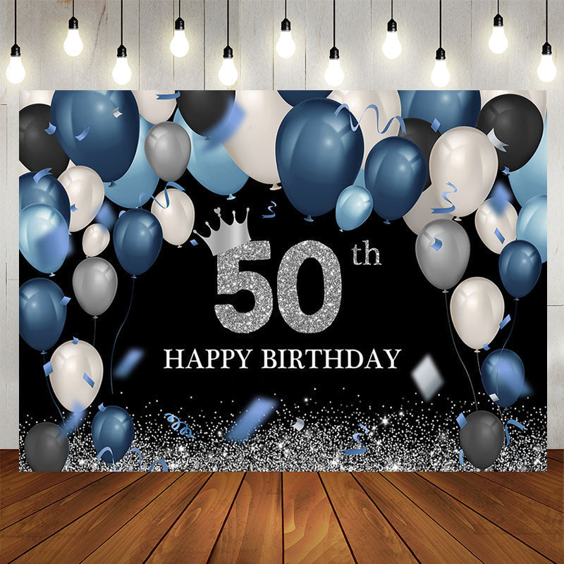 Aperturee - Blue Balloon 50th Birthday Glitter Black Backdrop