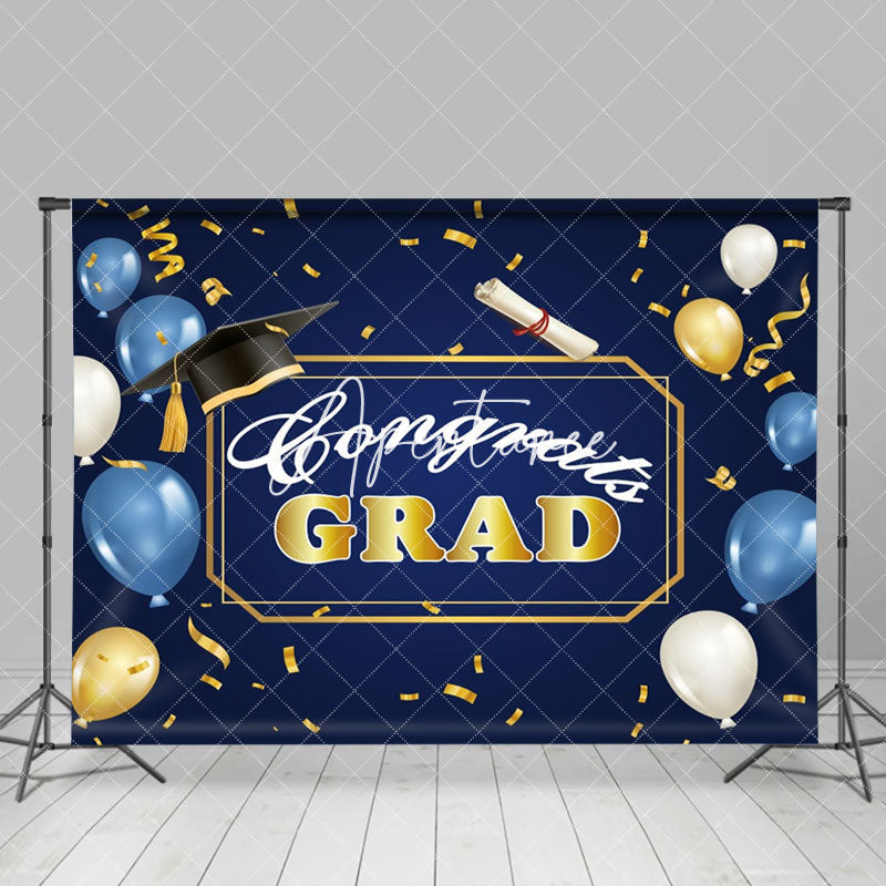 Aperturee - Blue Balloon Gold Ribbon Hat Graduation Backdrop