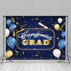 Aperturee - Blue Balloon Gold Ribbon Hat Graduation Backdrop