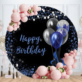 Aperturee - Blue Black Balloons Round Happy Birthday Backdrop
