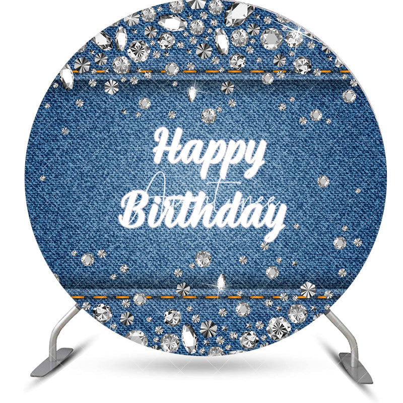 Aperturee - Blue Denim Diamonds Round Happy Birthday Backdrop