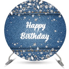 Aperturee - Blue Denim Diamonds Round Happy Birthday Backdrop