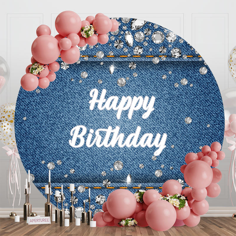 Aperturee - Blue Denim Diamonds Round Happy Birthday Backdrop