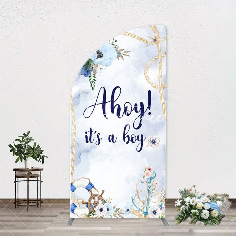 Aperturee - Blue Floral Ahoy Its A Boy Baby Shower Arch Backdrop