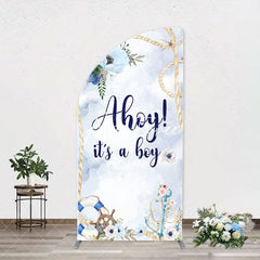 Aperturee - Blue Floral Ahoy Its A Boy Baby Shower Arch Backdrop