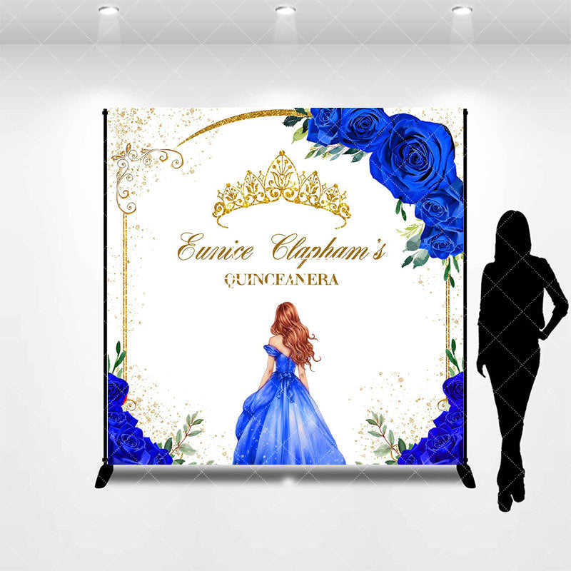 Aperturee - Blue Floral Crown Custom Name Quinceanera Backdrop