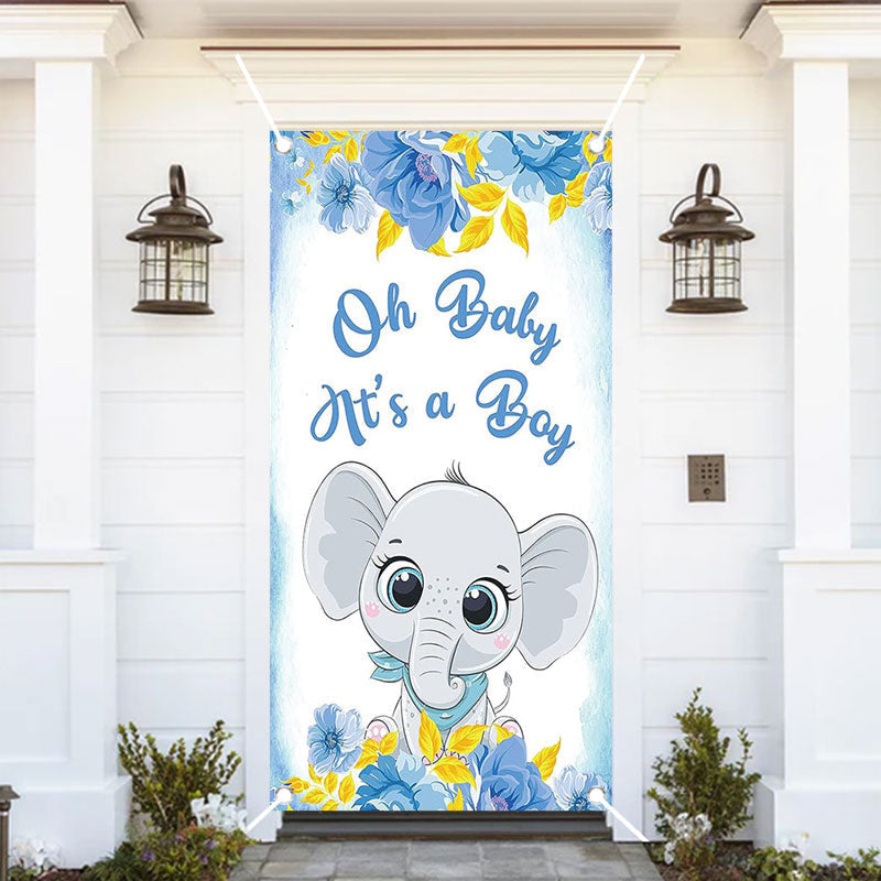 Aperturee - Blue Floral Elephant Boys Baby Shower Door Cover