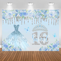 Aperturee - Blue Floral Glitter Sweet 16th Birthday Backdrop