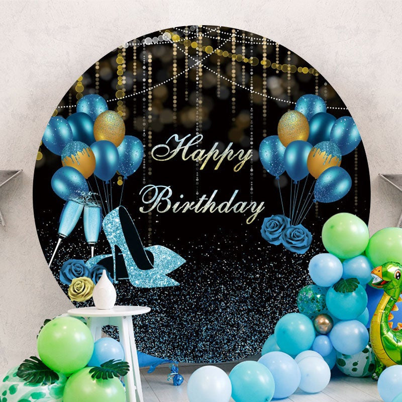 Aperturee - Blue Glitter And Gold Bokeh Round Birthday Backdrop