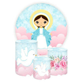 Aperturee Blue Glitter Girl And Floral Round Baby Shower Backdrop Kit