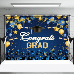 Aperturee - Blue Gold Balloon Ribbon Student Graduation Backdrop
