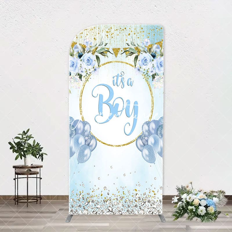Aperturee - Blue Gold Floral Its A Boy Baby Shower Arch Backdrop