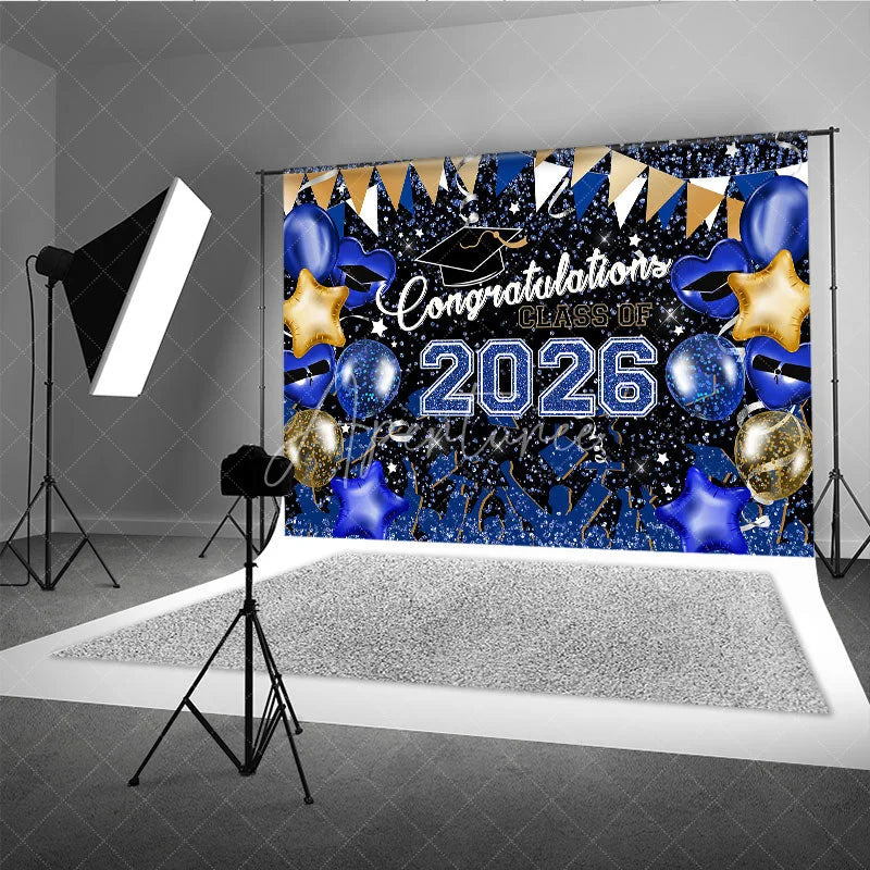 Aperturee - Blue Gold Glitter Balloons Congrats 2026 Grad Backdrop