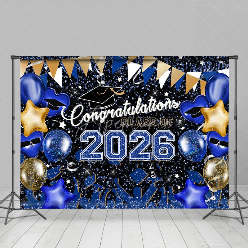 Aperturee - Blue Gold Glitter Balloons Congrats 2026 Grad Backdrop