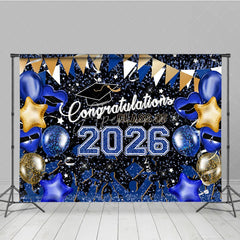 Aperturee - Blue Gold Glitter Balloons Congrats 2026 Grad Backdrop