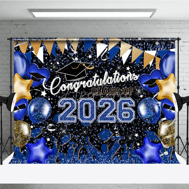 Aperturee - Blue Gold Glitter Balloons Congrats 2026 Grad Backdrop