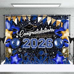 Aperturee - Blue Gold Glitter Balloons Congrats 2026 Grad Backdrop